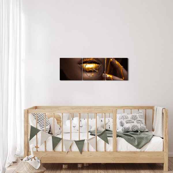Obraz - Žena se zlatými rty (s hodinami) (90x30 cm)