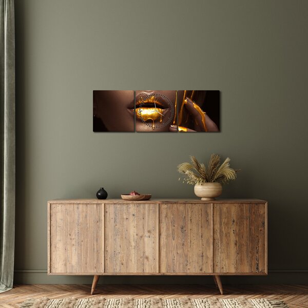Obraz - Žena se zlatými rty (s hodinami) (90x30 cm)