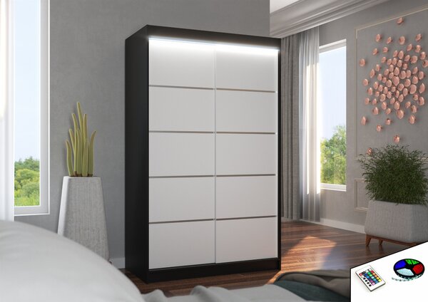 Úzká šatní skříň 120 cm s LED osvětlením JABRA - černá / bílá