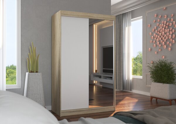 Šatní skříň s posuvnými dveřmi 120 cm EABRIA - dub sonoma / bílá