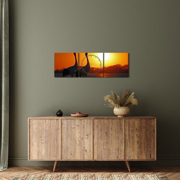 Obraz ptáků při západu slunce (s hodinami) (90x30 cm)