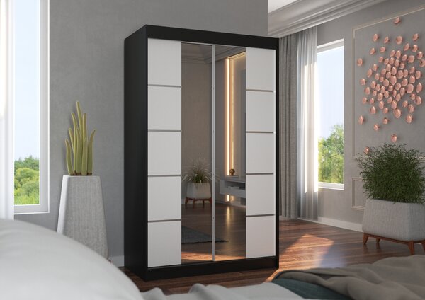 Šatní skříň se zrcadlem 120 cm FABRA - černá / bílá