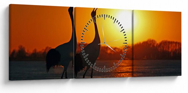 Obraz ptáků při západu slunce (s hodinami) (90x30 cm)