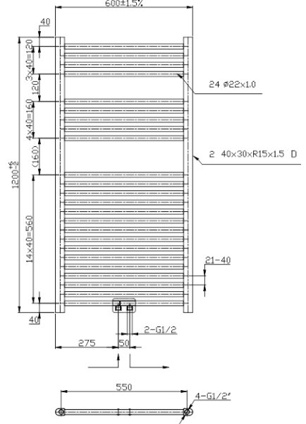 Novaservis - Koupelnový žebříkový radiátor 644W/230V 120x60 cm černá rovný