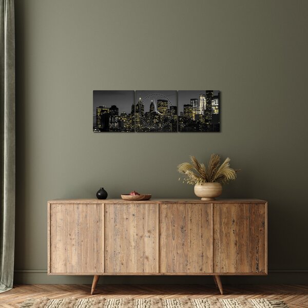 Obraz noční metropole (s hodinami) (90x30 cm)