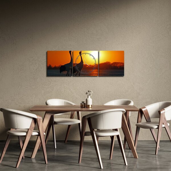 Obraz ptáků při západu slunce (s hodinami) (90x30 cm)