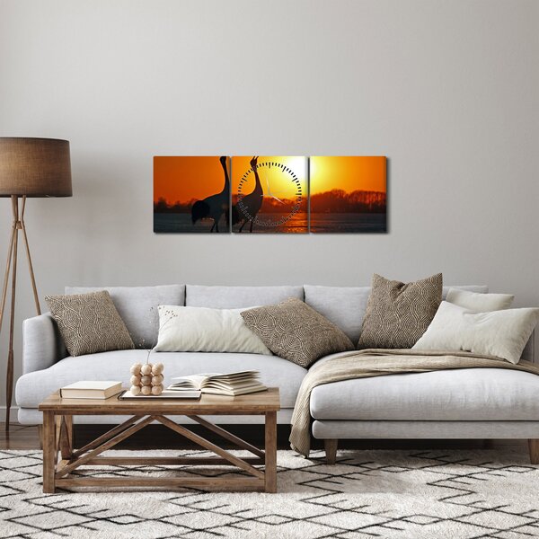 Obraz ptáků při západu slunce (s hodinami) (90x30 cm)