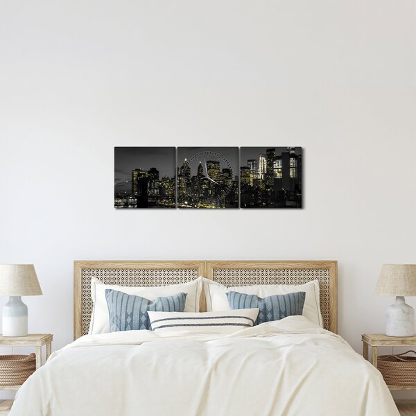 Obraz noční metropole (s hodinami) (90x30 cm)
