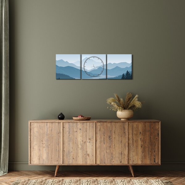 Obraz - Hory pohledem grafika (s hodinami) (90x30 cm)