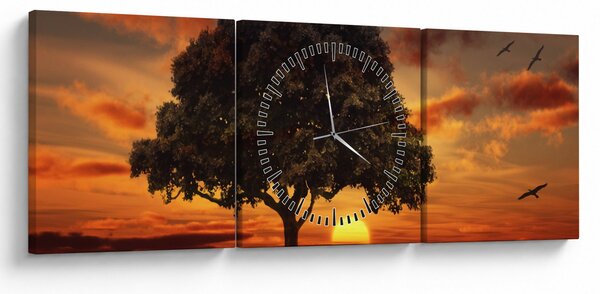 Obraz stromu se západem slunce (s hodinami) (90x30 cm)