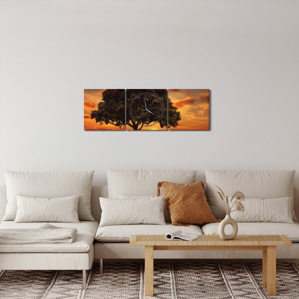 Obraz stromu se západem slunce (s hodinami) (90x30 cm)