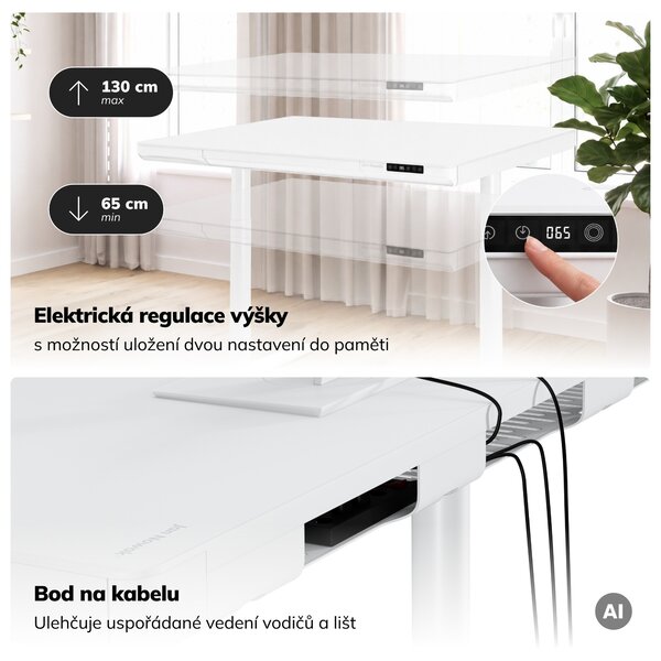Elektrický psací stůl sit-stand se zásuvkou a bezdrátovou nabíječkou Qi bílý, 1200 mm: ELLIS