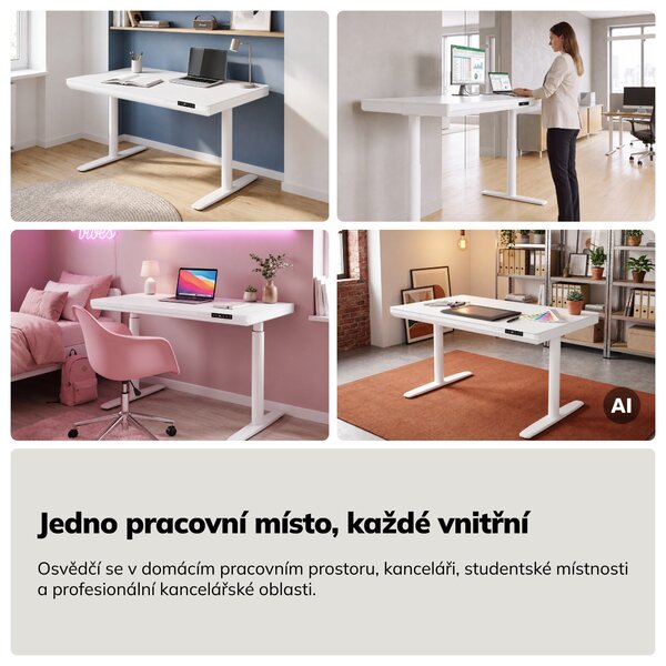Elektrický psací stůl sit-stand se zásuvkou a bezdrátovou nabíječkou Qi bílý, 1200 mm: ELLIS