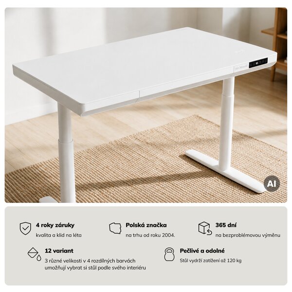 Elektrický psací stůl sit-stand se zásuvkou a bezdrátovou nabíječkou Qi bílý, 1200 mm: ELLIS