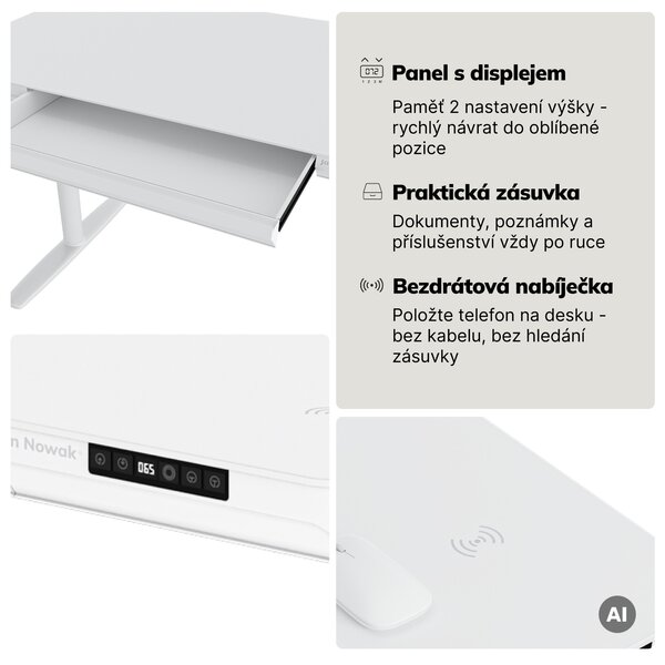 Elektrický psací stůl sit-stand se zásuvkou a bezdrátovou nabíječkou Qi bílý, 1200 mm: ELLIS