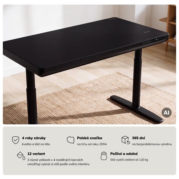 Elektrický psací stůl sit-stand se zásuvkou a bezdrátovou nabíječkou Qi černý, 1200 mm: ELLIS