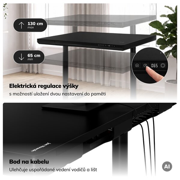 Elektrický psací stůl sit-stand se zásuvkou a bezdrátovou nabíječkou Qi černý, 1200 mm: ELLIS