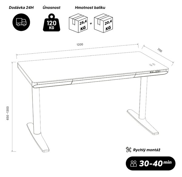 Elektrický psací stůl sit-stand se zásuvkou a bezdrátovou nabíječkou Qi černý, 1200 mm: ELLIS