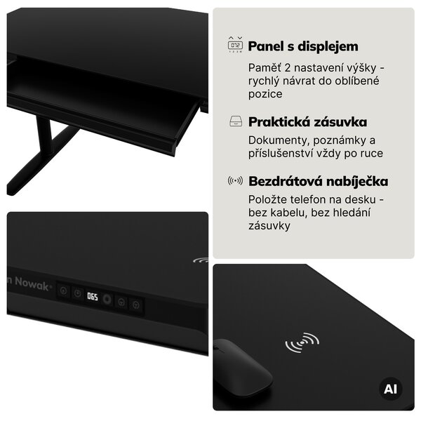 Elektrický psací stůl sit-stand se zásuvkou a bezdrátovou nabíječkou Qi černý, 1200 mm: ELLIS