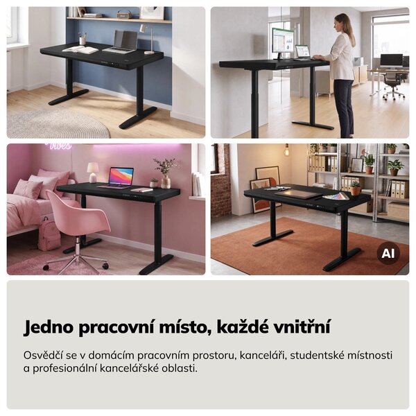 Elektrický psací stůl sit-stand se zásuvkou a bezdrátovou nabíječkou Qi černý, 1200 mm: ELLIS