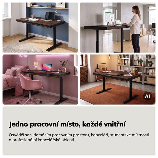 Elektrický psací stůl sit-stand se zásuvkou a bezdrátovou nabíječkou Qi černý/ořech, 1200 mm: ELLIS