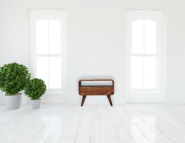 Mini TV stolek v kaštanovém odstínu se zaoblenými liniemi, 60 × 30 × 45 cm