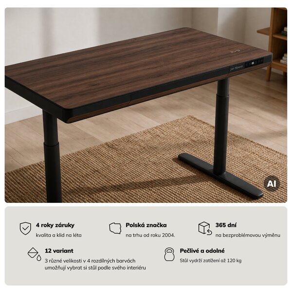 Elektrický psací stůl sit-stand se zásuvkou a bezdrátovou nabíječkou Qi černý/ořech, 1200 mm: ELLIS