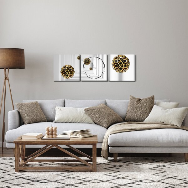 Abstraktní obraz fotbalových míčů (s hodinami) (90x30 cm)