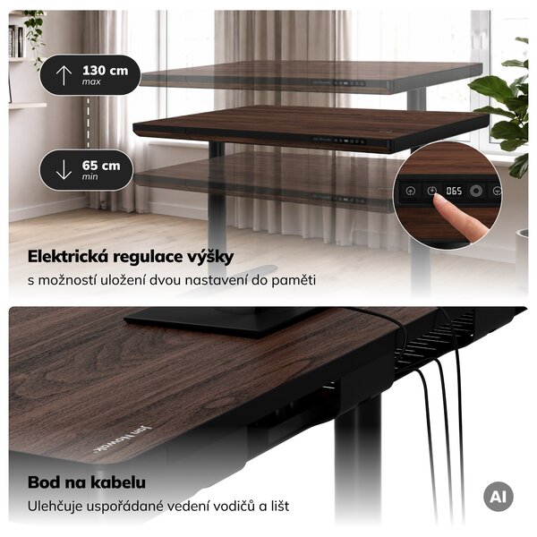 Elektrický psací stůl sit-stand se zásuvkou a bezdrátovou nabíječkou Qi černý/ořech, 1200 mm: ELLIS