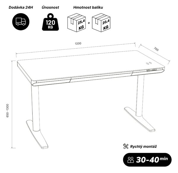 Elektrický psací stůl sit-stand se zásuvkou a bezdrátovou nabíječkou Qi černý/ořech, 1200 mm: ELLIS