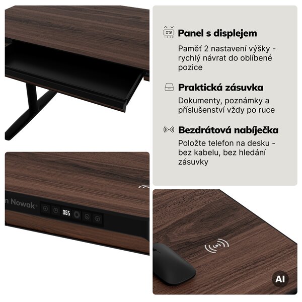 Elektrický psací stůl sit-stand se zásuvkou a bezdrátovou nabíječkou Qi černý/ořech, 1200 mm: ELLIS