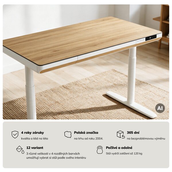 Elektrický psací stůl sit-stand se zásuvkou a bezdrátovou nabíječkou Qi bílý/zlatý dub, 1200 mm: ELLIS