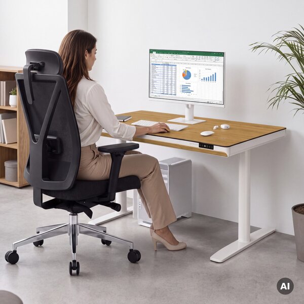Elektrický psací stůl sit-stand se zásuvkou a bezdrátovou nabíječkou Qi bílý/zlatý dub, 1200 mm: ELLIS