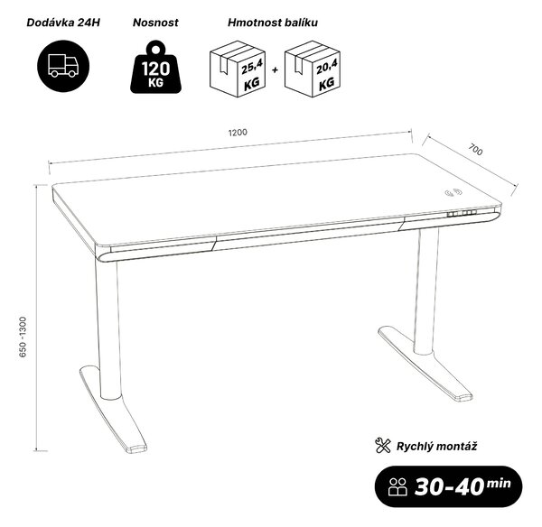 Elektrický psací stůl sit-stand se zásuvkou a bezdrátovou nabíječkou Qi bílý/zlatý dub, 1200 mm: ELLIS
