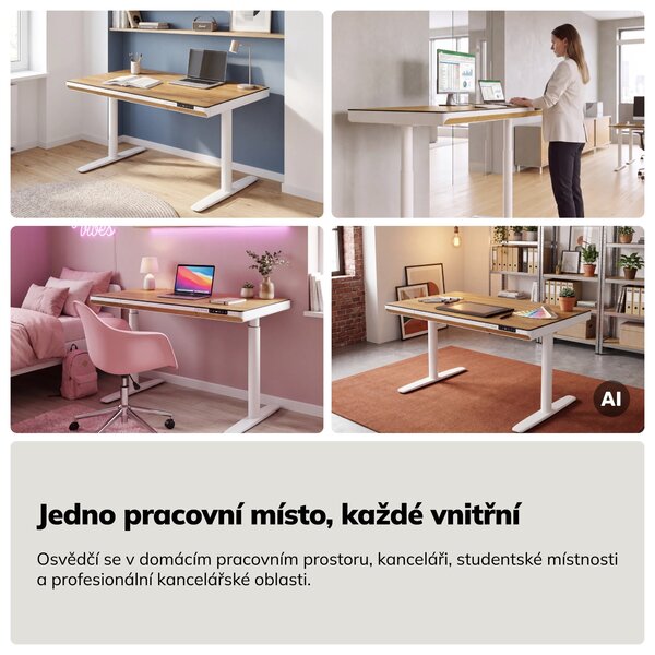Elektrický psací stůl sit-stand se zásuvkou a bezdrátovou nabíječkou Qi bílý/zlatý dub, 1200 mm: ELLIS
