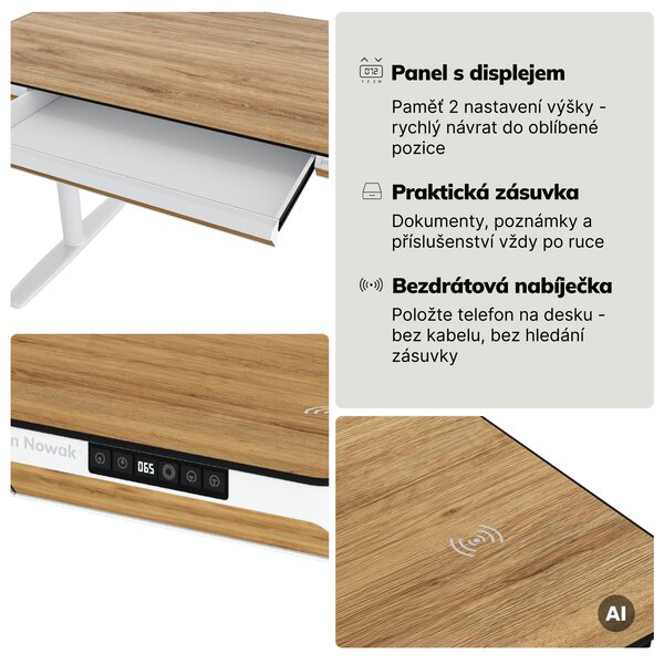 Elektrický psací stůl sit-stand se zásuvkou a bezdrátovou nabíječkou Qi bílý/zlatý dub, 1600 mm: ELLIS
