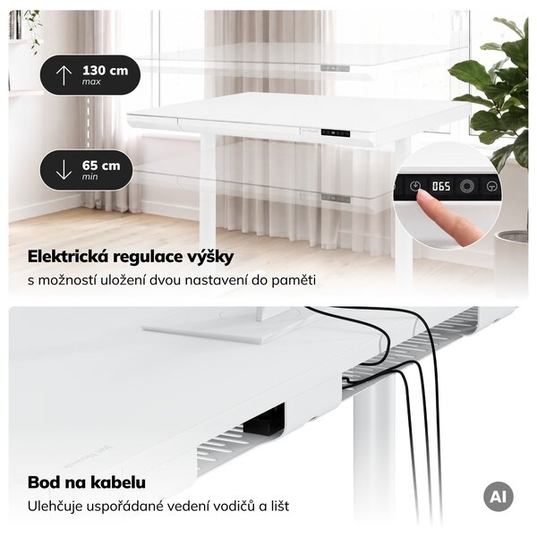 Elektrický psací stůl sit-stand se zásuvkou a bezdrátovou nabíječkou Qi bílý, 1400 mm: ELLIS