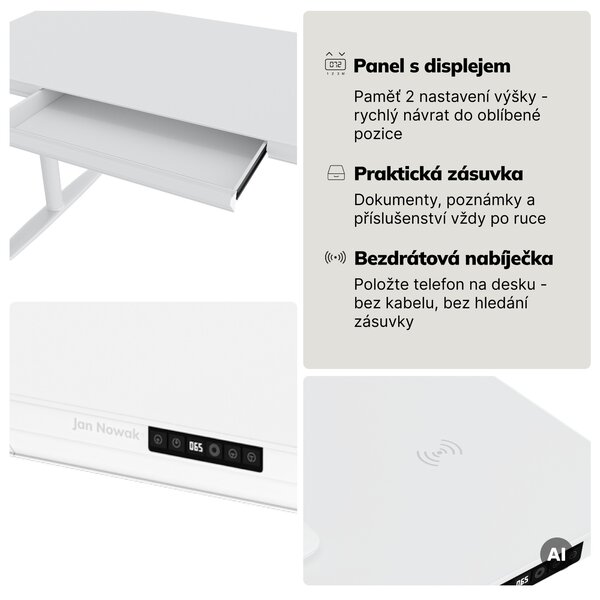 Elektrický psací stůl sit-stand se zásuvkou a bezdrátovou nabíječkou Qi bílý, 1400 mm: ELLIS