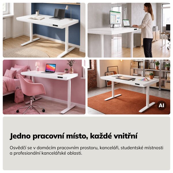Elektrický psací stůl sit-stand se zásuvkou a bezdrátovou nabíječkou Qi bílý, 1400 mm: ELLIS