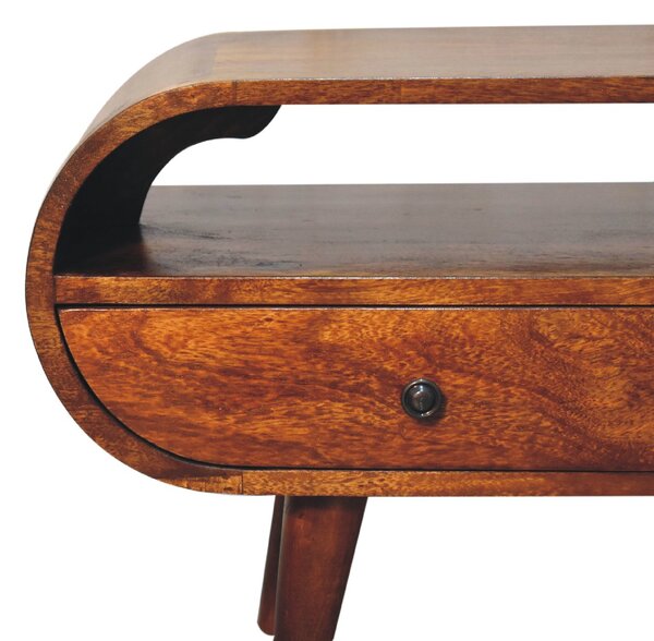 TV stolek v kaštanovém odstínu kulatého tvaru s velkou policí, 90 × 35 × 45 cm