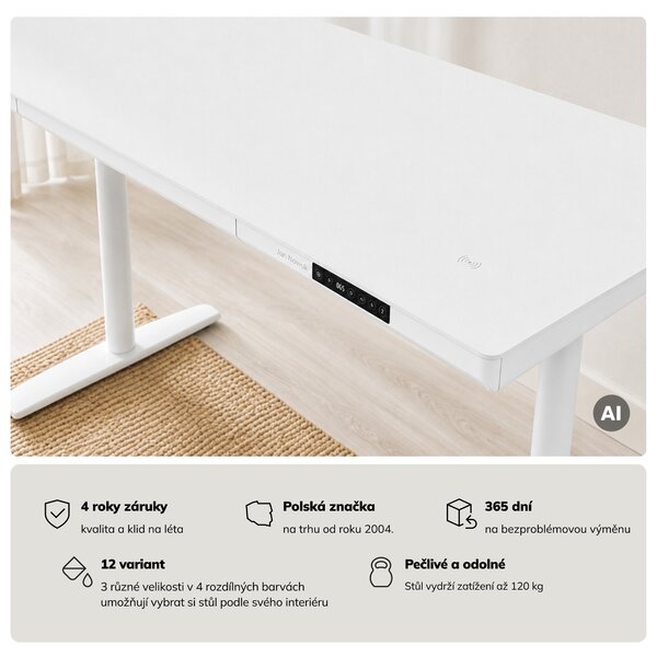 Elektrický psací stůl sit-stand se zásuvkou a bezdrátovou nabíječkou Qi bílý, 1400 mm: ELLIS