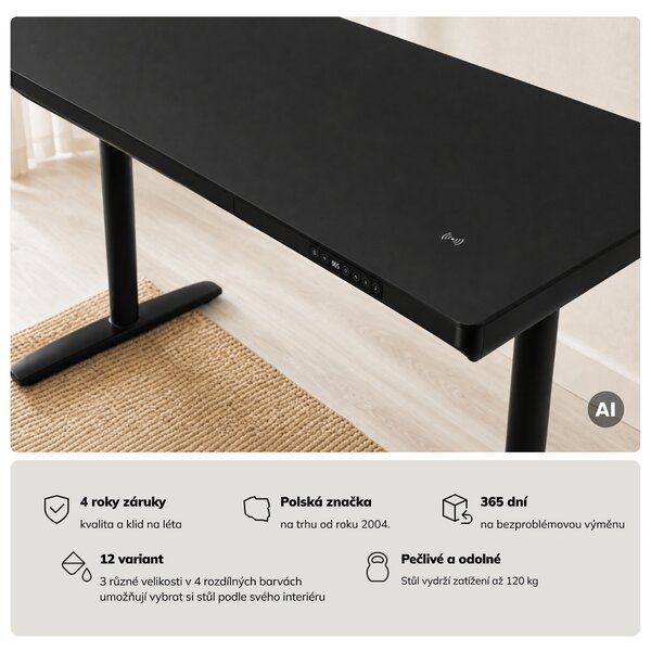 Elektrický psací stůl sit-stand se zásuvkou a bezdrátovou nabíječkou Qi černý, 1400 mm: ELLIS