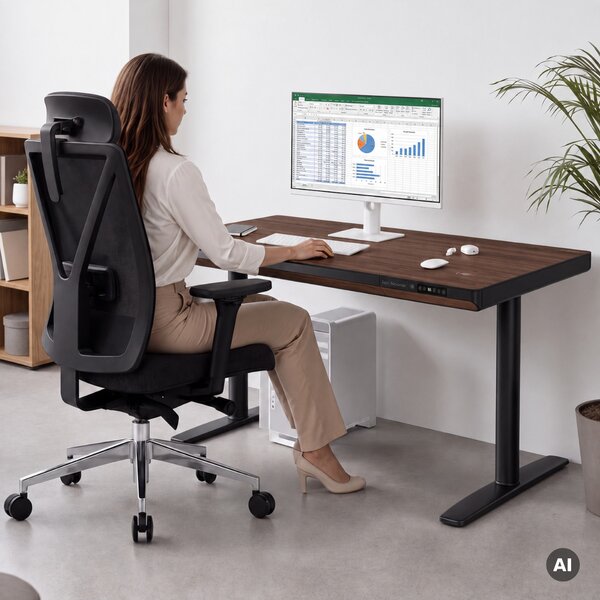 Elektrický psací stůl sit-stand se zásuvkou a bezdrátovou nabíječkou Qi černý/ořech, 1400 mm: ELLIS