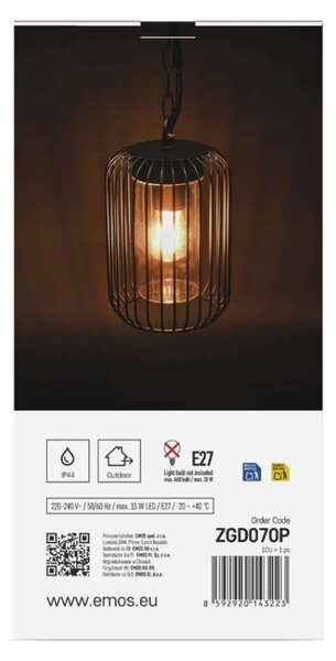 EMOS LED zahradní závěsné svítidlo SALVIA, 16 × 16 × 32 cm, 1 × E27, 15 W 1554001000