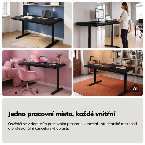 Elektrický psací stůl sit-stand se zásuvkou a bezdrátovou nabíječkou Qi černý, 1400 mm: ELLIS