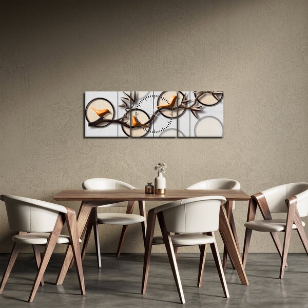 Umělecký obraz - Ptáčci na větvi (s hodinami) (90x30 cm)