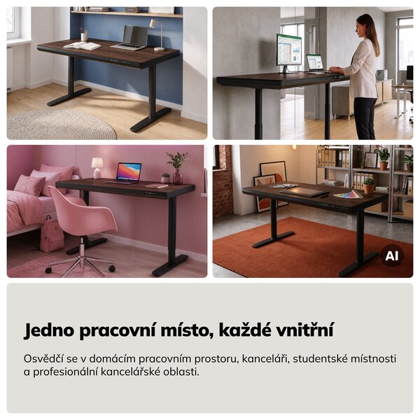 Elektrický psací stůl sit-stand se zásuvkou a bezdrátovou nabíječkou Qi černý/ořech, 1400 mm: ELLIS