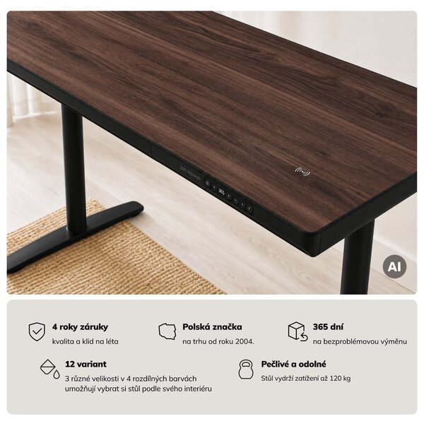 Elektrický psací stůl sit-stand se zásuvkou a bezdrátovou nabíječkou Qi černý/ořech, 1400 mm: ELLIS