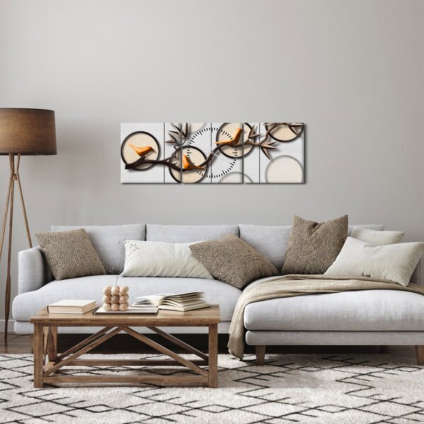 Umělecký obraz - Ptáčci na větvi (s hodinami) (90x30 cm)