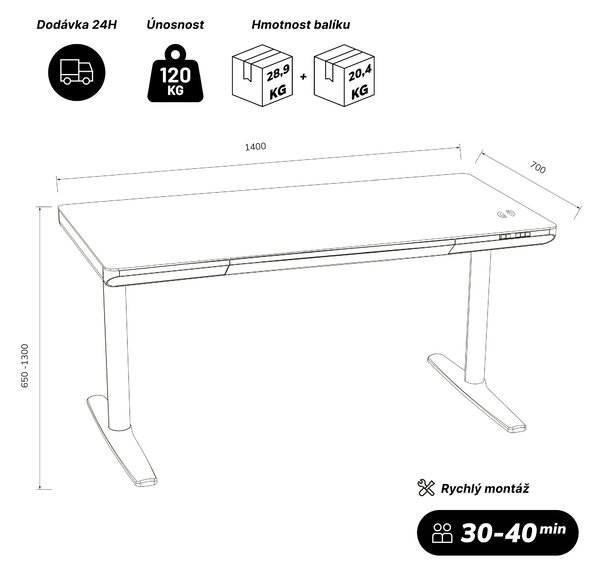 Elektrický psací stůl sit-stand se zásuvkou a bezdrátovou nabíječkou Qi černý/ořech, 1400 mm: ELLIS